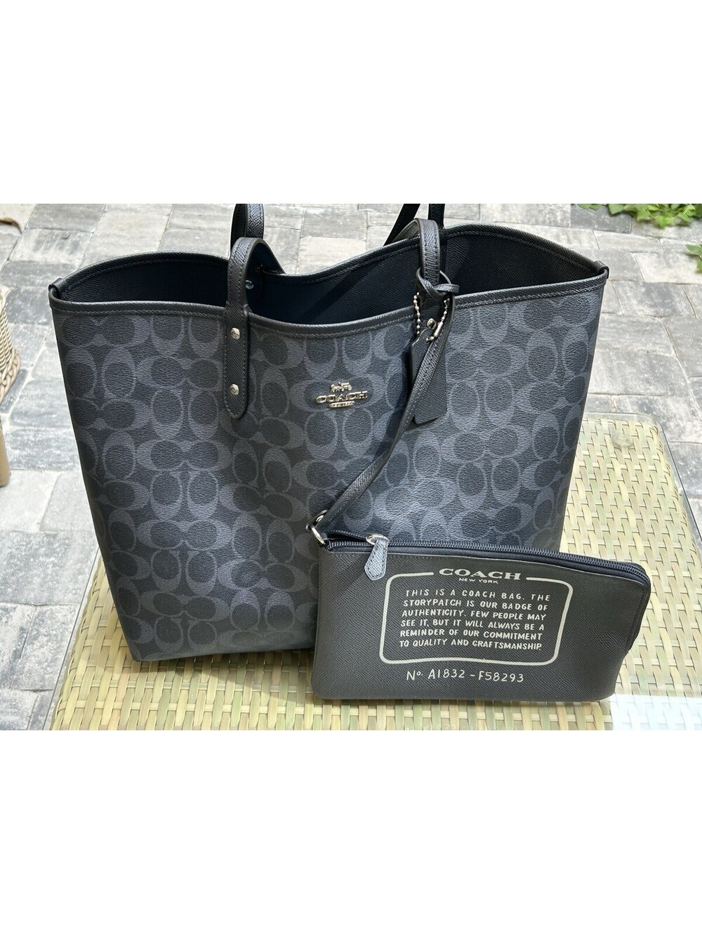 Coach Large Reversible City Tote Bag & Signature Pouch - Charcoal Gray/Navy Blue